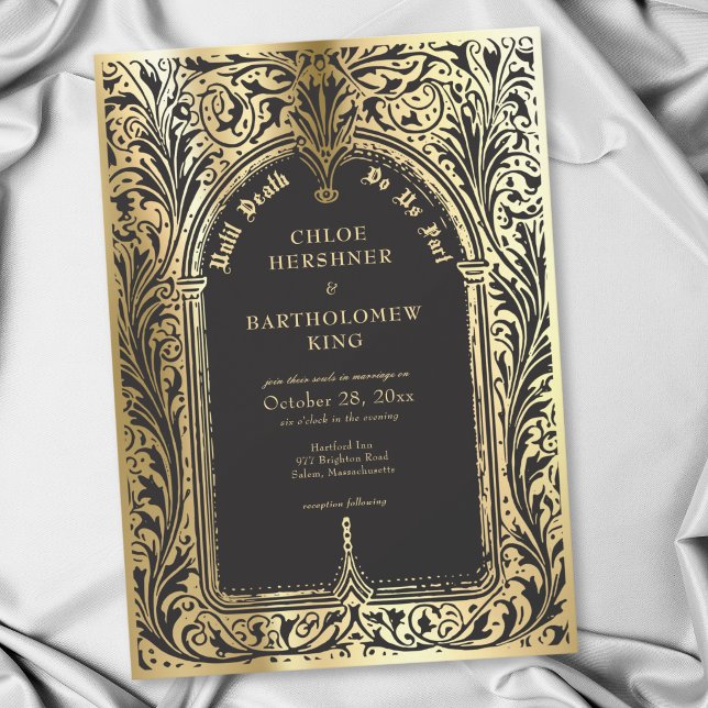 Gotisk svart guld medeltida fram till döden bröllo inbjudningar (Gothic Black Gold Medieval Until Death Wedding Invitation)