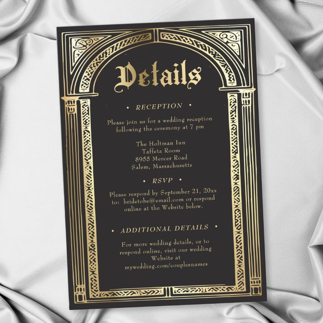 Gotisk svart guld medeltida fram till döden bröllo tilläggskort (Gothic Black Gold Medieval Until Death Wedding Enclosure Card)