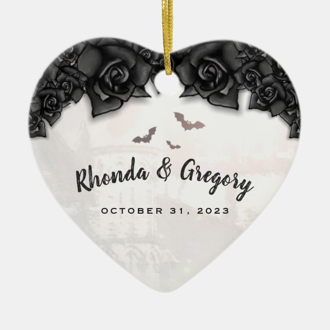 Gotisk svart hjärta för ro- & fladdermössHalloween Julgransprydnad Keramik (Framsidan)