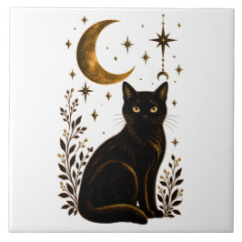 Gotisk svart katt Celestial Moon Botanisk Kakelplatta