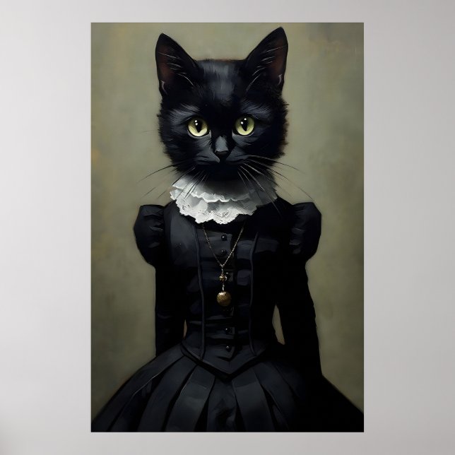 Gotisk svart katt i klänningstryck, Mörk akademi Poster (Framsidan)