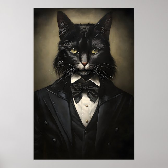 Gotisk svart katt i kostymtryck, Dark Academia Poster (Framsidan)