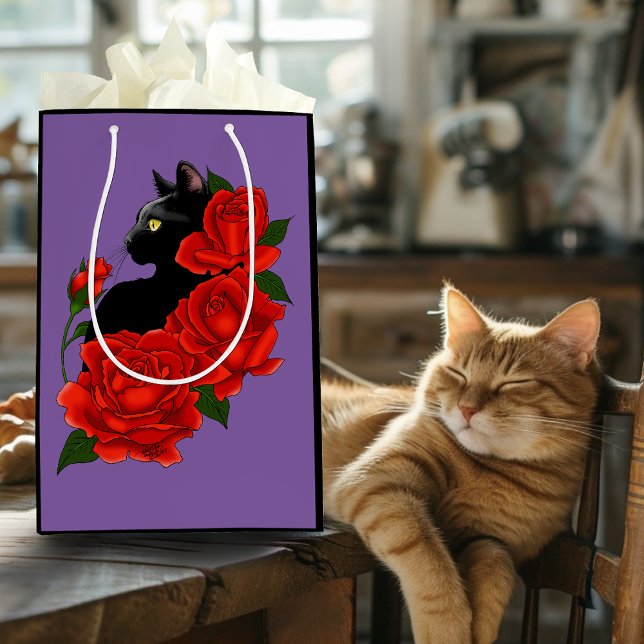 Gotisk Svart Katt Röda Rosor Lila (Skapare uppladdad)
