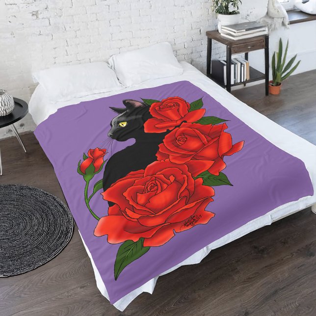 Gotisk Svart Katt Röda Rosor Lila Fleecefilt (Skapare uppladdad)