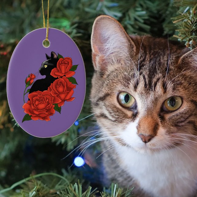 Gotisk Svart Katt Röda Rosor Lila Julgransprydnad Keramik (Skapare uppladdad)