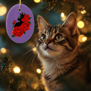 Gotisk Svart Katt Röda Rosor Lila Julgransprydnad Keramik