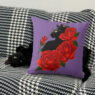 Gotisk Svart Katt Röda Rosor Lila Kudde