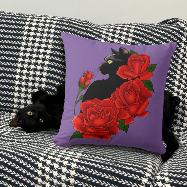 Gotisk Svart Katt Röda Rosor Lila Kudde (Skapare uppladdad)
