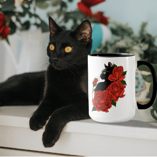 Gotisk Svart Katt Röda Rosor Lila Mugg