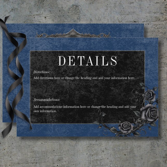 Gotisk Svart Korp & Svarta Rosor Blå Detaljer Tilläggskort (Gothic Black Raven & Black Roses Blue Details Enclosure Card)