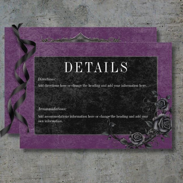 Gotisk svart korp & svarta rosor lila detaljer tilläggskort (Gothic Black Raven & Black Roses Purple Details Enclosure Card)