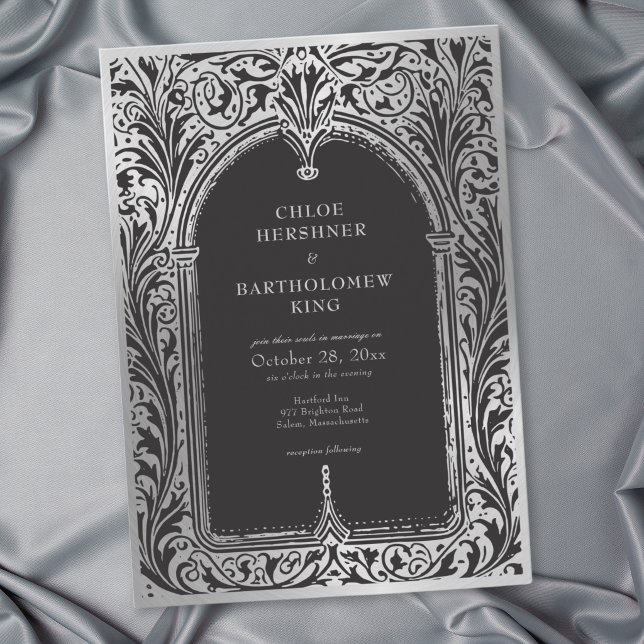 Gotisk svart silver medeltida bröllop inbjudningar (Gothic Black Silver Medieval Wedding Invitation)