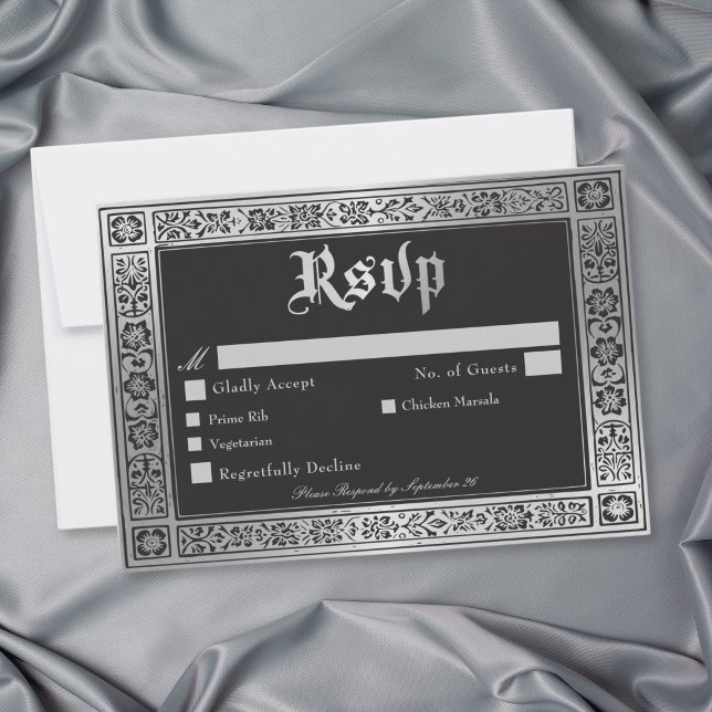 Gotisk svart silver medeltida bröllop OSA kort (Gothic Black Silver Medieval Wedding RSVP Card)