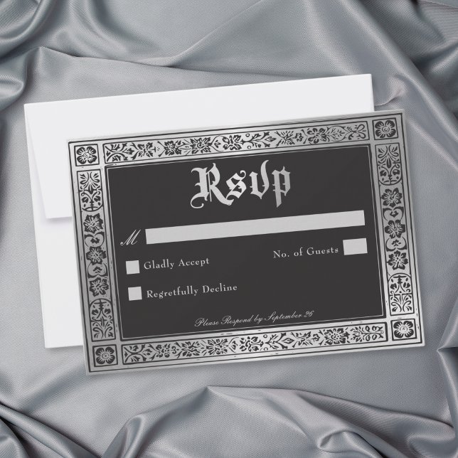 Gotisk svart silver medeltida bröllop OSA kort (Gothic Black Silver Medieval Wedding RSVP Card)