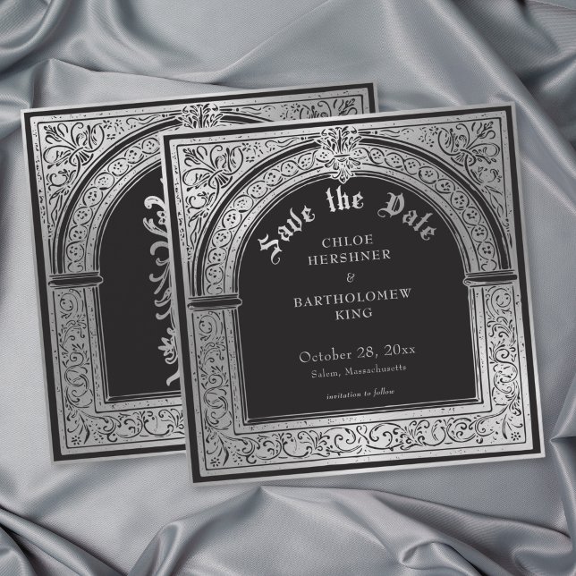 Gotisk svart silver medeltida bröllop spara datumet (Gothic Black Silver Medieval Wedding Save The Date)
