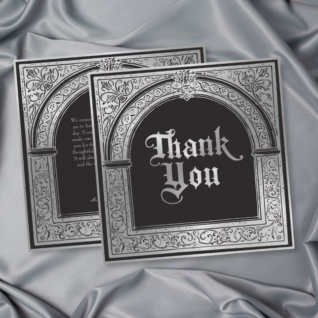 Gotisk svart silver medeltida bröllop tack kort (Gothic Black Silver Medieval Wedding Thank You Card)