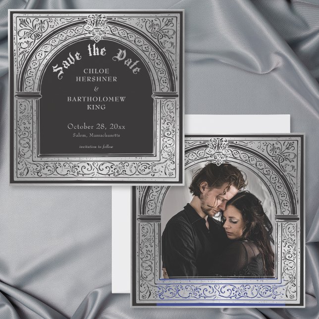 Gotisk svart silver medeltida foto bröllop spara datumet (Gothic Black Silver Medieval Photo Wedding Save The Date
)