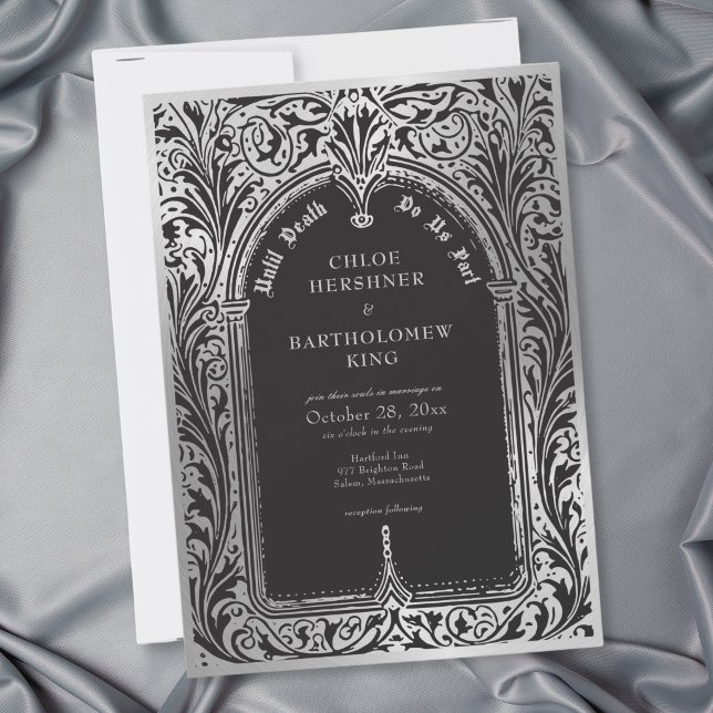 Gotisk svart silver medeltida fram till döden bröl inbjudningar (Gothic Black Silver Medieval Until Death Wedding Invitation)