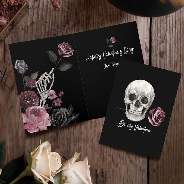 Gotisk svart skelett skalle ros Alla hjärtans dag Helgkort (Gothic Black Skeleton Scull Rose Valentine's Day Holiday Card)