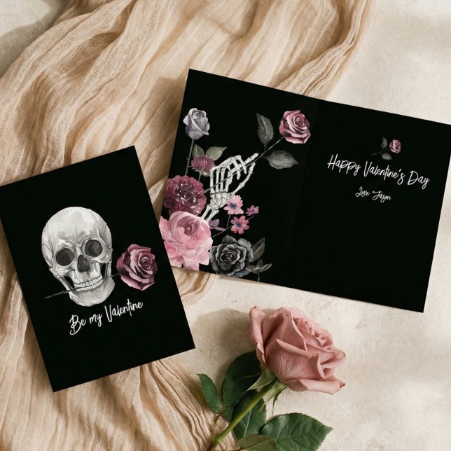 Gotisk svart skelettdödskalle ros Alla hjärtans da Helgkort (Gothic Black Skeleton Skull Rose Valentine's Day Holiday Card)