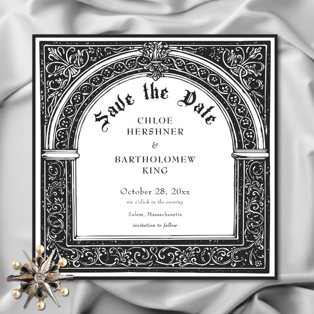 Gotisk svart vit medeltida fram till döden bröllop spara datumet (Gothic Black White Medieval Until Death Wedding Save the Date)