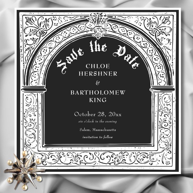 Gotisk Svart Vitt Medeltida Tills Döden Bröllop Spara Datumet (Gothic Black White Medieval Until Death Wedding Save The Date)