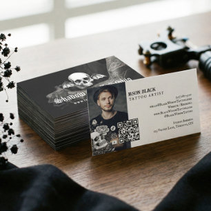 Gotisk Tattoo Studio med Dödskalle Foto QR-kod Visitkort