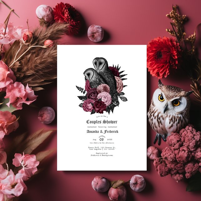 Gotisk uggla och blomster Halloween par badkar Inbjudningar (Gothic Owl and Floral Halloween Couples Shower Invitation)