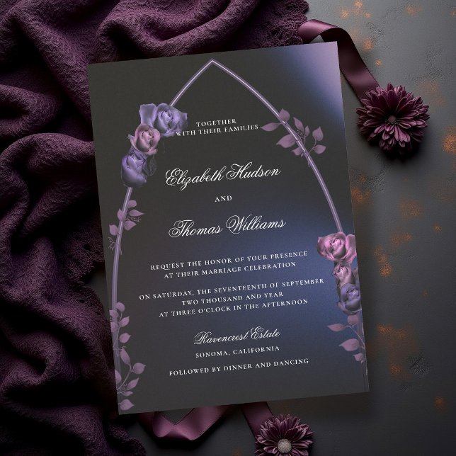 Gotisk Valv Romantisk Mörk Blå Lila Bröllop Inbjudningar (gothic arch wedding invitation blue purple floral orchid rose moody dark romantic elegant classic)