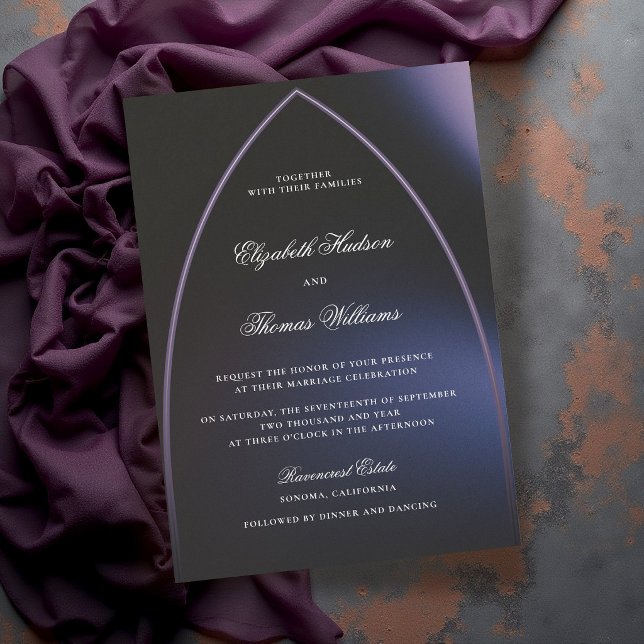 Gotisk Valvbåge Moody Blå Lila Minimalistisk Bröll Inbjudningar (gothic wedding invitation minimalist arch blue purple dark moody modern classic formal elegant)
