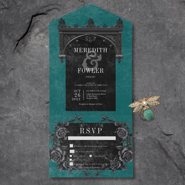 Gotisk valvformad fågel & Svarta rosor Teal middag (Gothic Arch Raven & Black Roses Teal Dinner All In One Invitation)