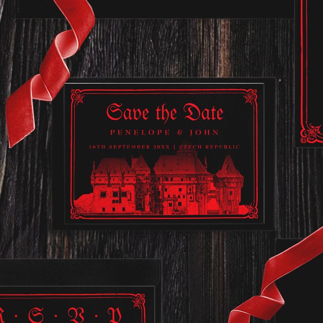 Gotisk vampyrborg gräns svart röd bröllop spara datumet (Gothic Vampire Castle Border Black Red Wedding Save The Date)