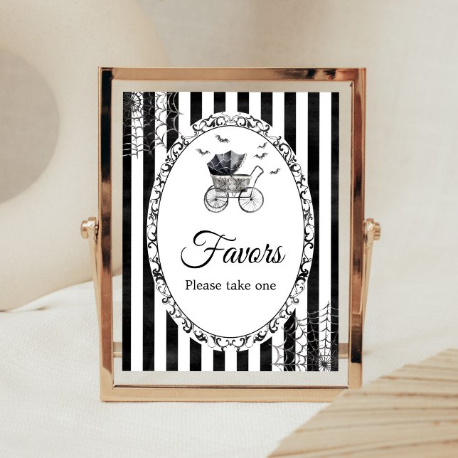 Gotisk vandringsredskap Halloween-favorer skylt (Gothic Carriage Bats Baby Shower Favors Sign)