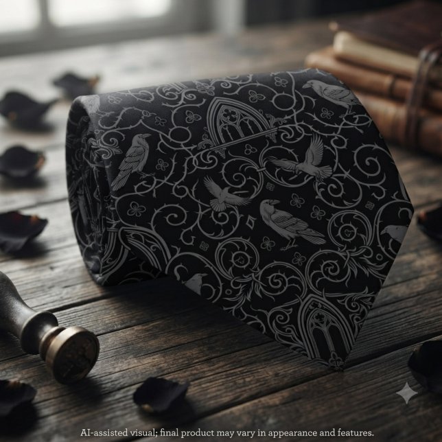 Gotisk Vigsel Noir Viktoriansk Kråkestetik Slips (Gothic raven pattern necktie perfect for a moody, sophisticated Victorian-inspired wedding ensemble.)