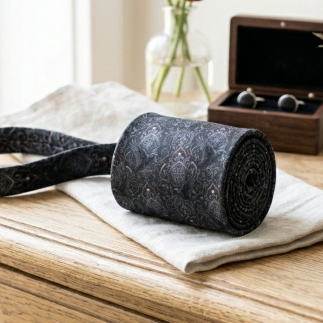 Gotisk viktoriansk korpdamask slips (Gothic raven damask necktie for an alternative groom at a dark romantic wedding.)