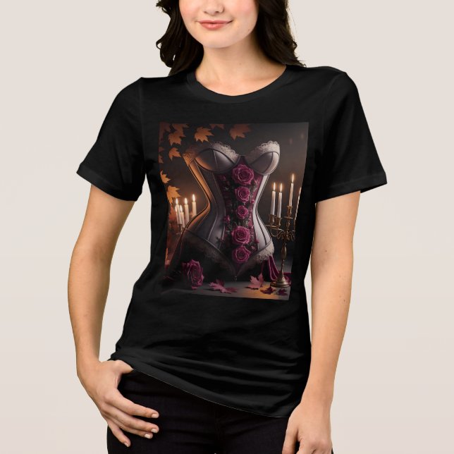 Gotisk viktoriansk korsett lila rosor höst t shirt (Framsida)