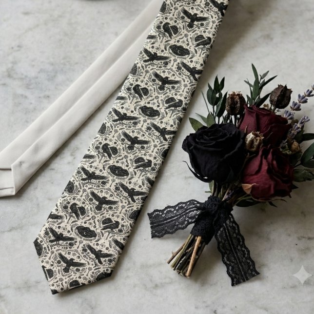 Gotisk Viktoriansk Kråkbröllop Slips (A raven damask necktie to complete a groom's elegant gothic wedding look.)