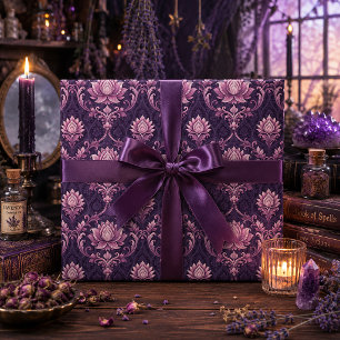 Gotisk viktoriansk mauve lotusdamask presentpapper