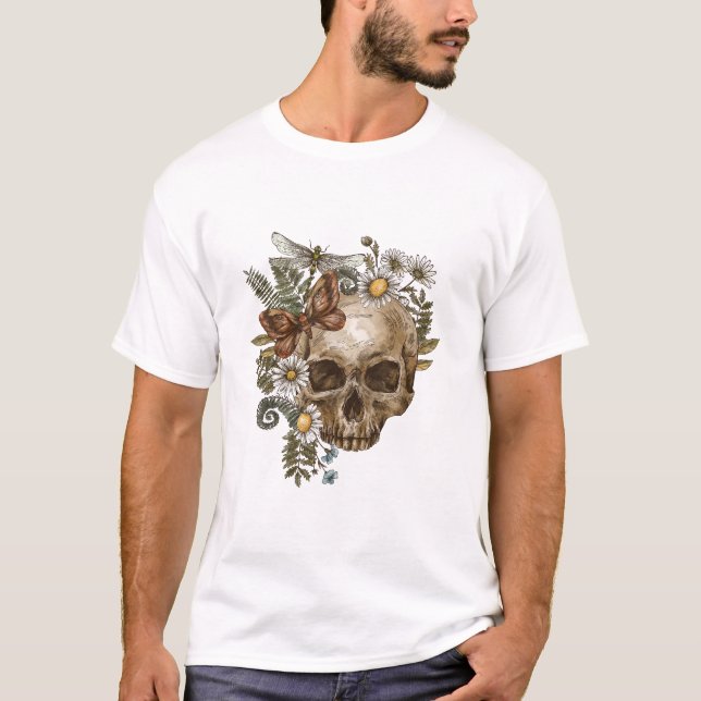 gotisk vintage blomskalle och fjärilar t shirt (Framsida)