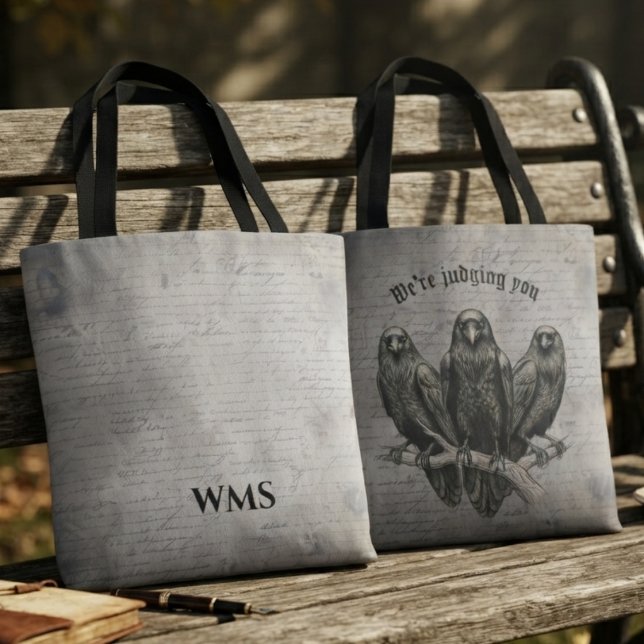 Gotisk Vintage Onyx Korp Tygkasse (Three vintage ravens tote bag for dark academia fans and Halloween decor.)