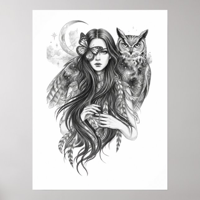 Gotisk Wicca-häxa och uggla Mörk Folklore Konst Po Poster (Framsidan)