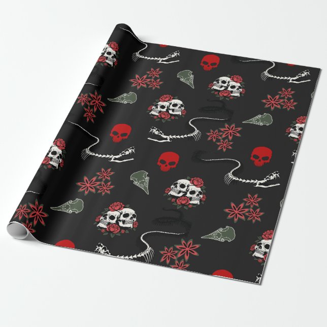 Gotiska Dödskallar och Rosor Halloween-mönster Presentpapper (Utrullad)