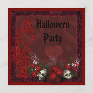 Gotiska Dödskallar & Rosor Svart & Röd Halloween Inbjudningar