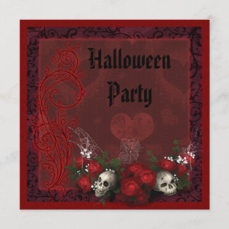 Gotiska Dödskallar & Rosor Svart & Röd Halloween Inbjudningar
