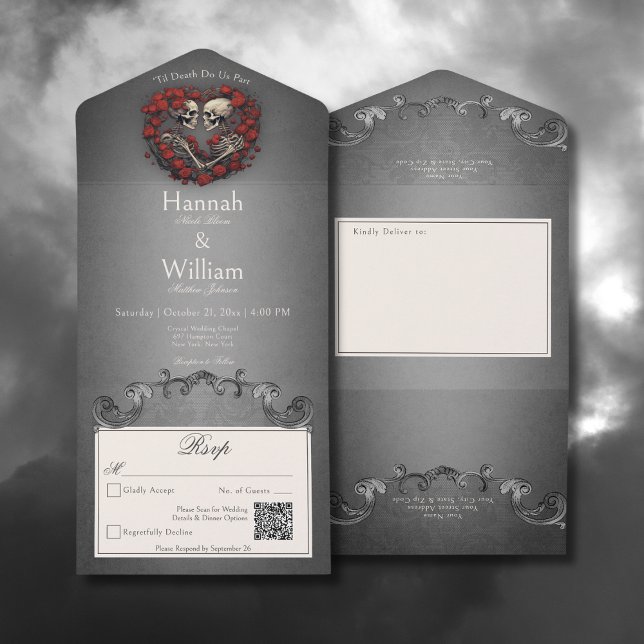 Gotiska mörka skelett & ros hjärta QR-kod (Gothic Dark Skeletons & Rose Heart All In One Wedding Invitation with QR Code)