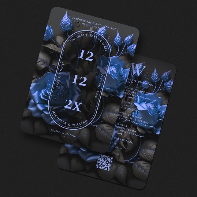 Gotiska Mörkblå Rosor Eleganta Bröllop  Spara Datumet (Gothic Boho Navy Blue Floral Simple Wedding Save The Date
)