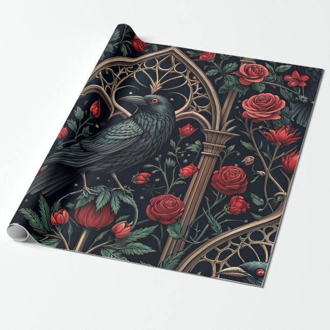 Gotiska Raven Roses Ornamentala Mönster Presentpapper (Utrullad)