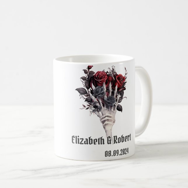 Gotiska röda rosor skelett bröllop  kaffemugg (Framsida höger)