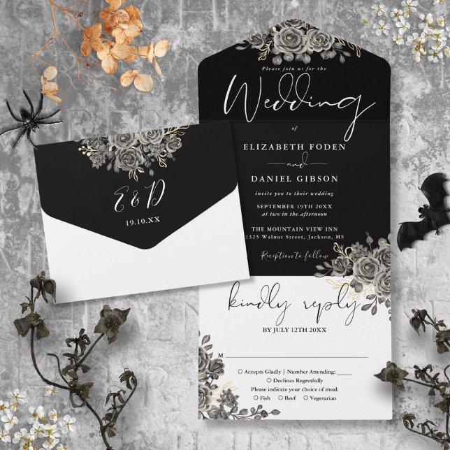 Gotiska rosor Blommande svart och vitt bröllop (Gothic Roses Floral Black And White Wedding All In One Invitation)