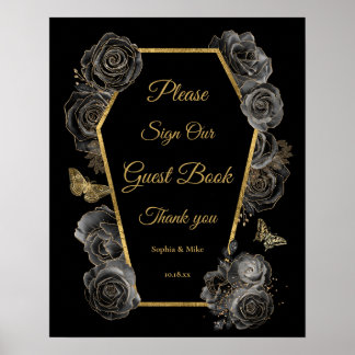 Gotiska rosor kista bröllopsgästbok bordsskylt poster